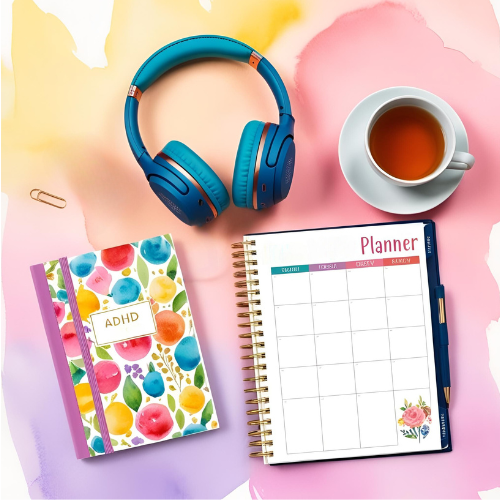 Top Noise-Canceling Headphones for ADHD Focus 6 ADHD-friendly productivity flat lay with headphones and tools