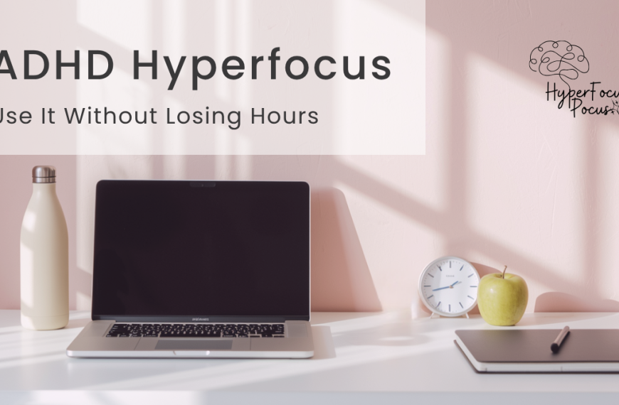 ADHD hyperfocus workspace with laptop timer notebook and water bottle