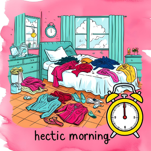 The ADHD-Friendly Morning Routine: Start Your Day Without Chaos 2 ADHD morning chaos with cluttered bedroom and alarm ringing