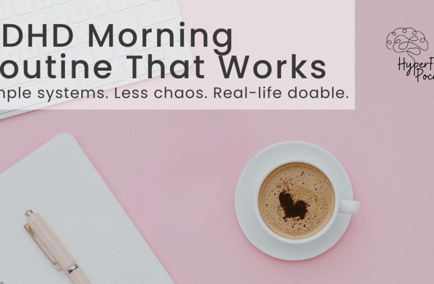 ADHD morning routine flat lay with laptop, notebook, and coffee on desk