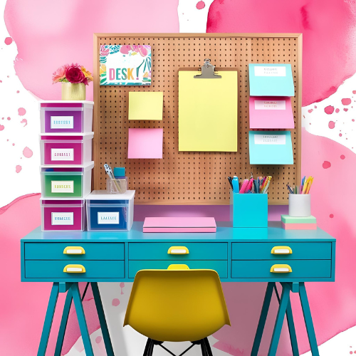ADHD workspace organization with pegboard, clear bins, and labeled storage for visual thinkers