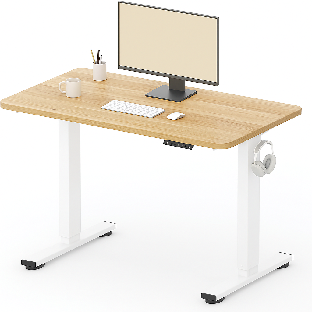 ADHD-Friendly Work Routine That Actually Boosts Focus Without Burning You Out 6 Adjustable standing desk with wood top and white legs, holding a neutral-screen monitor, coffee mug, and wireless keyboard in a calm minimalist workspace.
