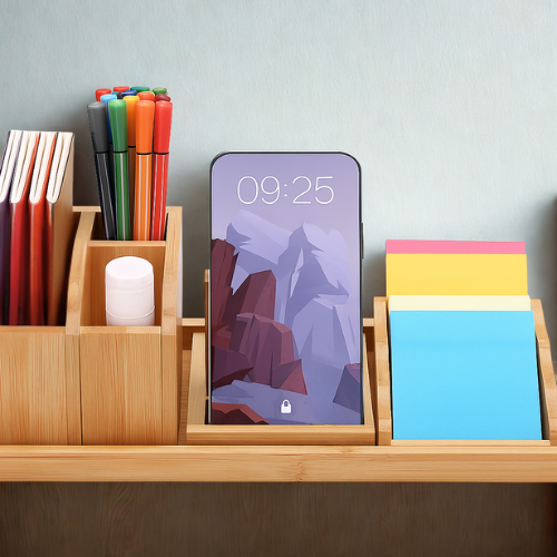 Best ADHD Desk Organizers to Transform Your Workspace 4 Bamboo desk organizer tray set with multiple compartments for pens, sticky notes, and accessories, shown on a white background for an ADHD-friendly workspace.