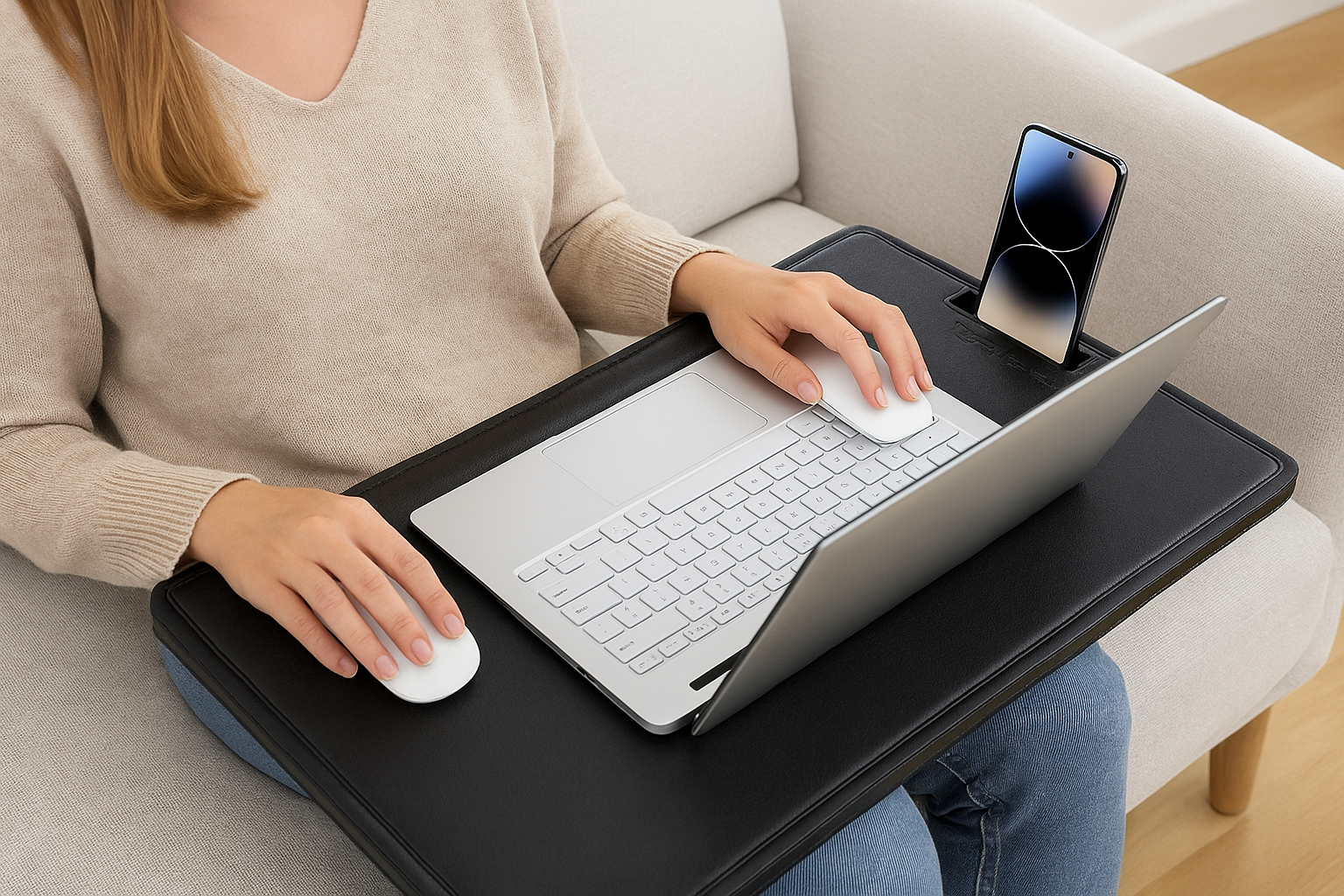 ADHD-Friendly Work Routine That Actually Boosts Focus Without Burning You Out 4 Black leather lap desk with laptop and mouse facing a seated woman on a sofa, showing its adjustable design and memory-foam base for ADHD-friendly comfort.