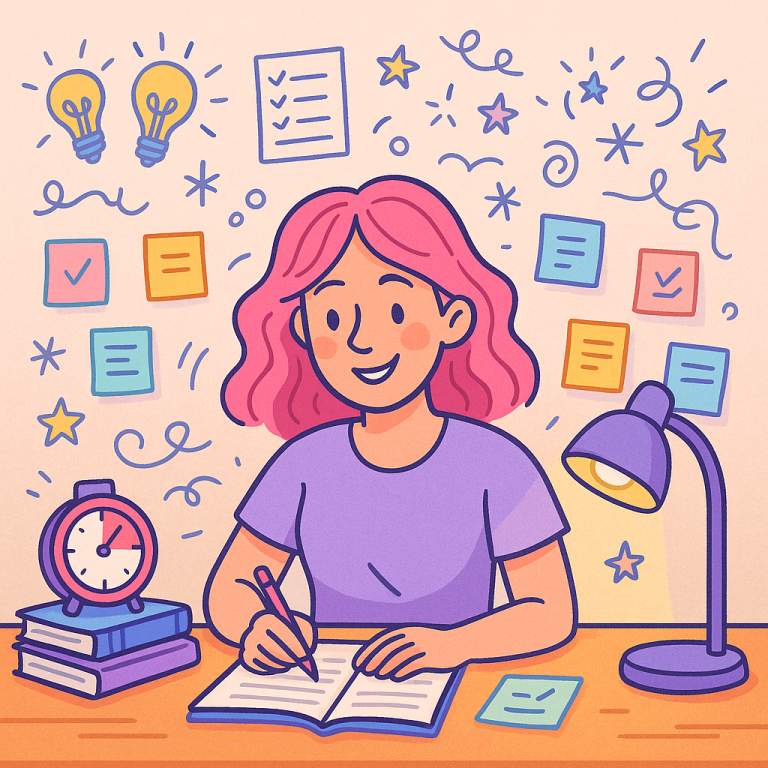 Cartoon illustration of a woman with pink hair writing in a notebook at a desk, using ADHD productivity hacks