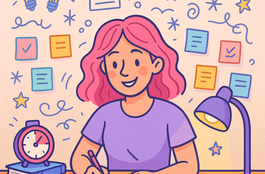 Cartoon illustration of a woman with pink hair writing in a notebook at a desk, using ADHD productivity hacks