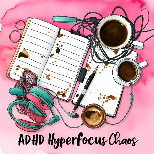 ADHD Hyperfocus Management: How to Avoid ADHD Burnout 2 Chaotic ADHD desk during hyperfocus with open journal, coffee ring stains, and tangled headphones