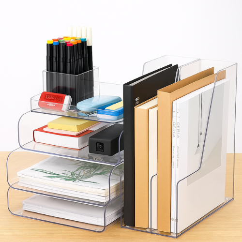 Best ADHD Desk Organizers to Transform Your Workspace 11 Clear acrylic desk organizer set with stacked trays and upright file holders neatly arranged on a white background, ideal for an ADHD focus-friendly workspace.