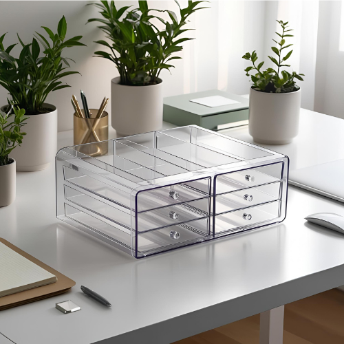 Clear acrylic drawer organizer for ADHD-friendly desk setup