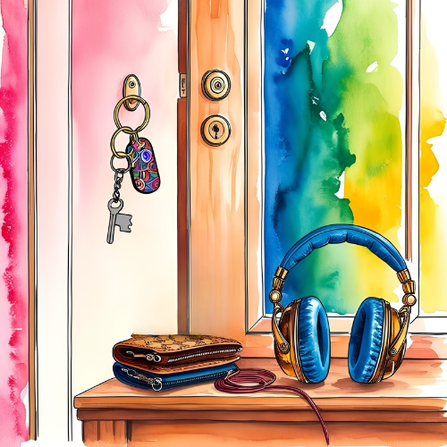 The ADHD-Friendly Morning Routine: Start Your Day Without Chaos 5 Landing zone setup for ADHD organization with keys, wallet, and headphones by a rainbow-colored door