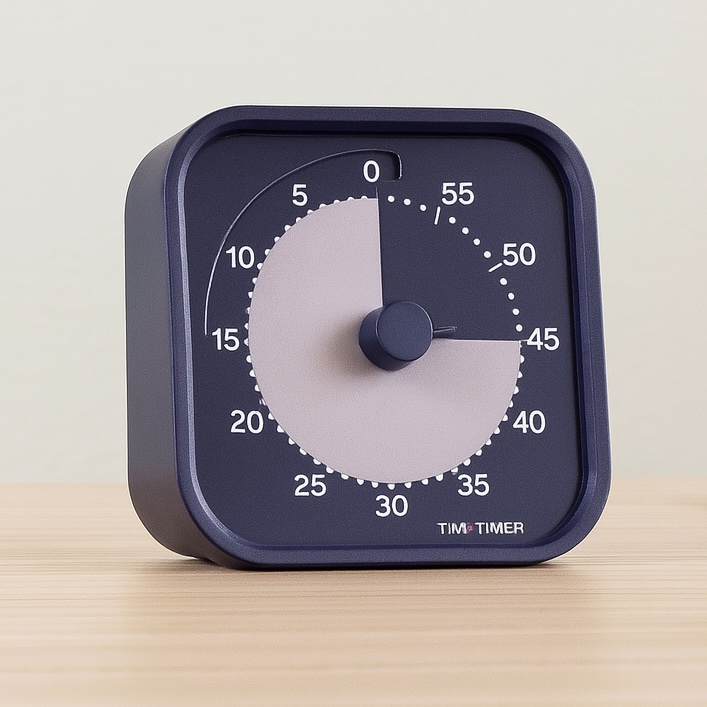 Minimalist navy Time Timer on a desk with a visual countdown, ADHD hyperfocus management tool