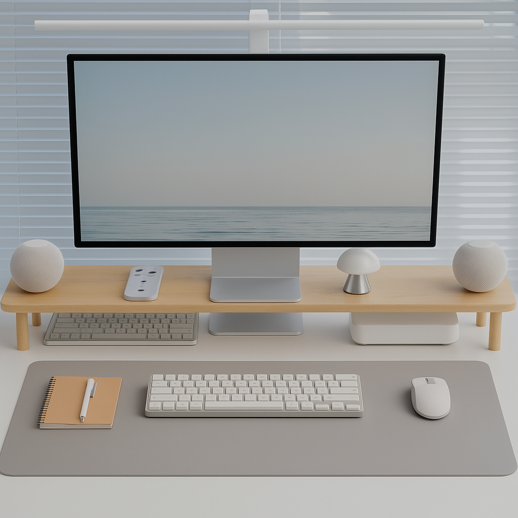 Best ADHD Desk Organizers to Transform Your Workspace 16 Minimalist wooden desktop shelf riser with computer monitor, keyboard, and mouse on a clean white workspace, ideal for an ADHD desk setup.