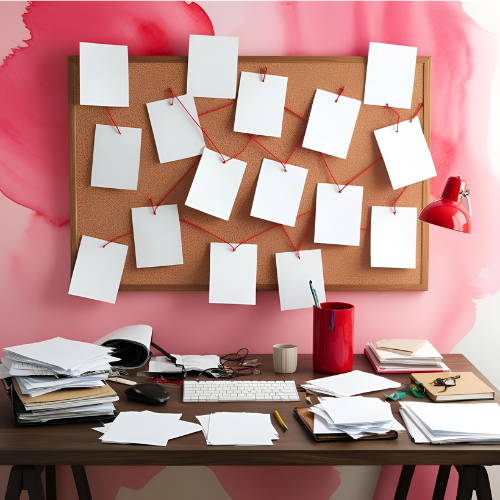Top Desk Organizers to Declutter Your Workspace with ADHD 10 Overwhelmed ADHD workspace with messy desk, papers, and red-string corkboard visualizing mental chaos