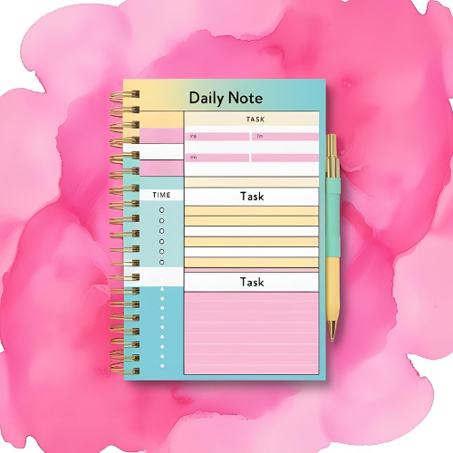 Printables 4 Pastel-colored notepad with time blocks and task rows for ADHD planning
