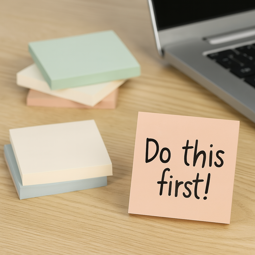 Pastel sticky notes on a desk with “Do this first!” written in black, ADHD hyperfocus tips visual cue
