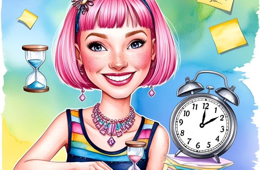 Pink-haired woman with timers and clocks symbolizing ADHD hyperfocus and time awareness