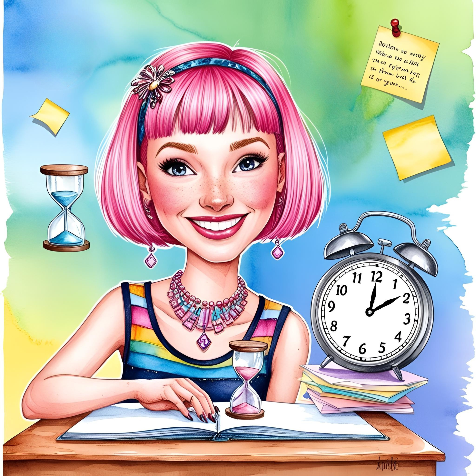 Pink-haired woman with timers and clocks symbolizing ADHD hyperfocus and time awareness