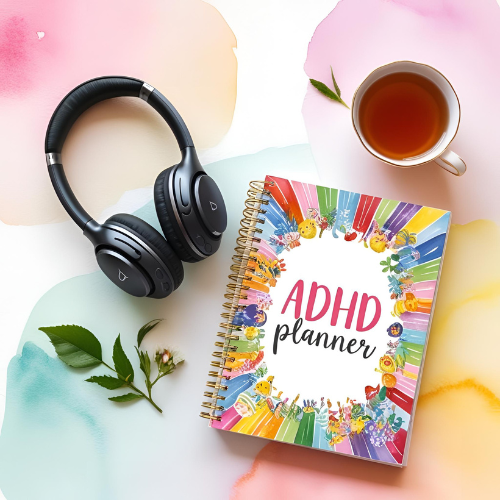 Rainbow ADHD planner with black headphones and tea on pastel background for focus and calm