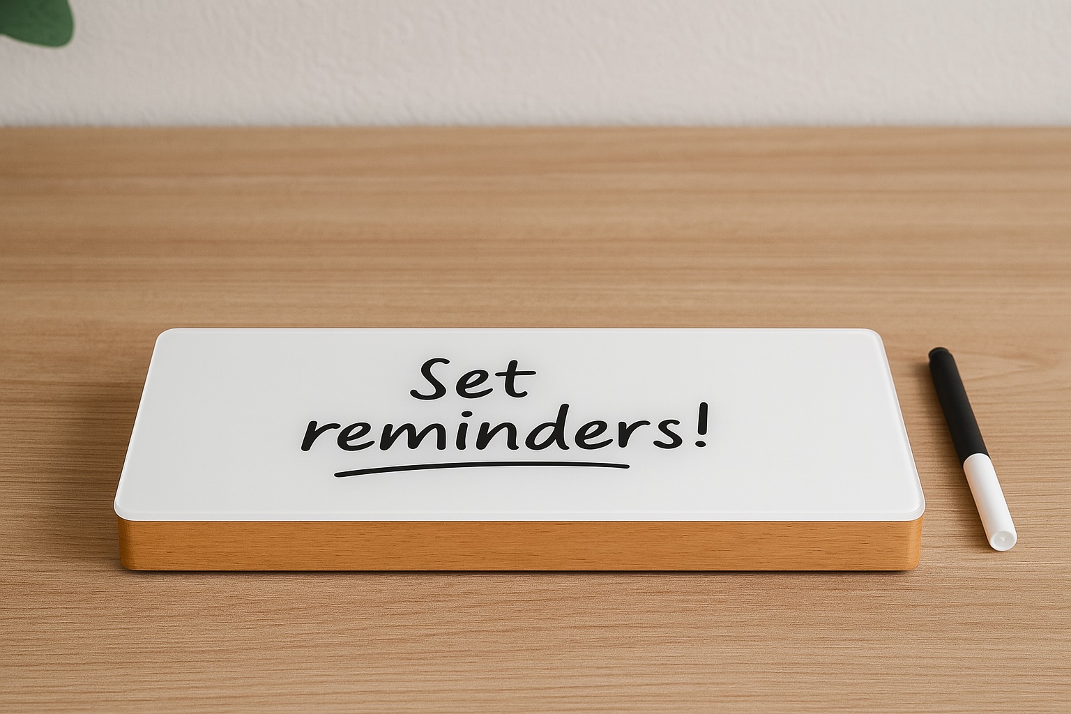 Rectangular white desktop whiteboard with “Set reminders!” written in black marker, shown on a minimalist wooden desk for ADHD hyperfocus strategies
