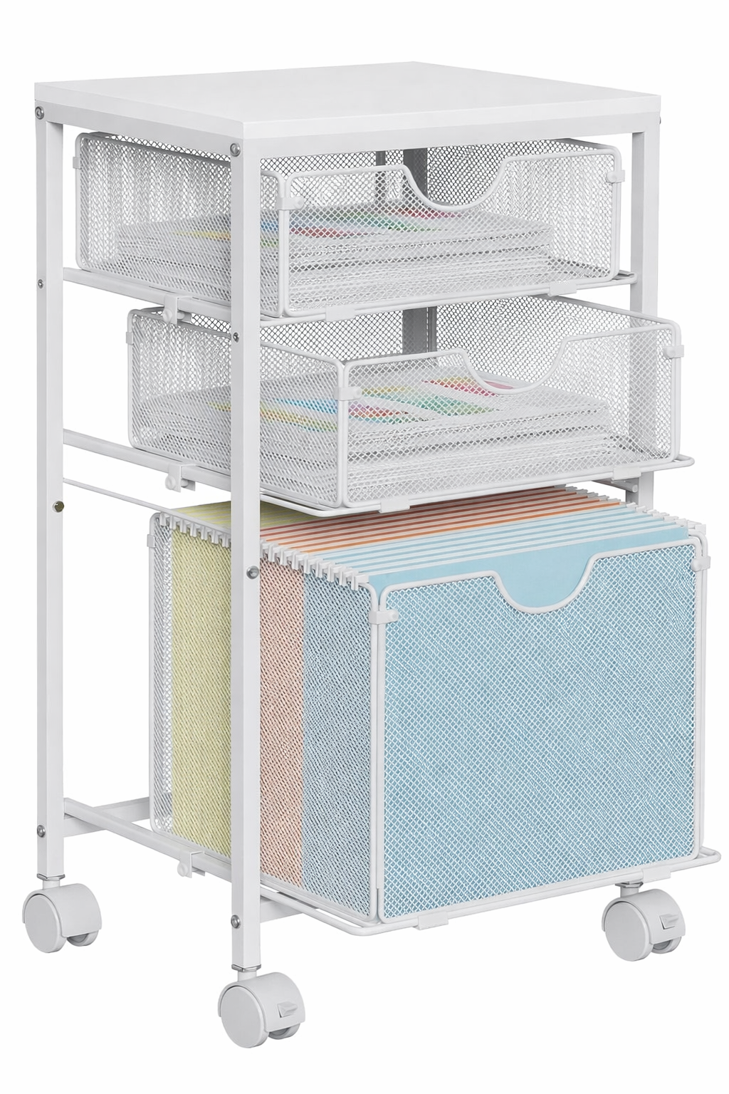 White rolling cart with mesh drawers and hanging file storage on a clean background
