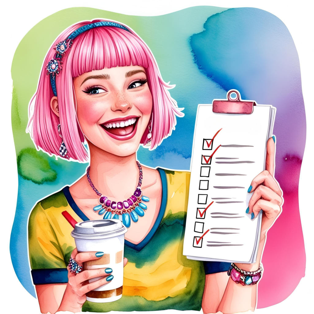 The ADHD-Friendly Morning Routine: Start Your Day Without Chaos 7 smiling woman with pink bob haircut holding a checklist and coffee representing adhd morning routine for adults