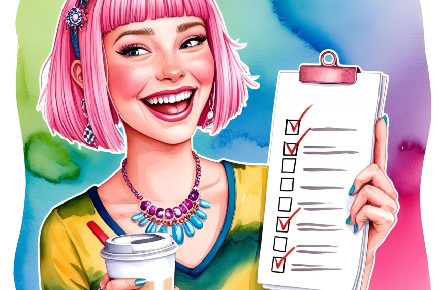 Smiling woman with pink bob haircut holding a checklist and coffee, representing ADHD morning routine success