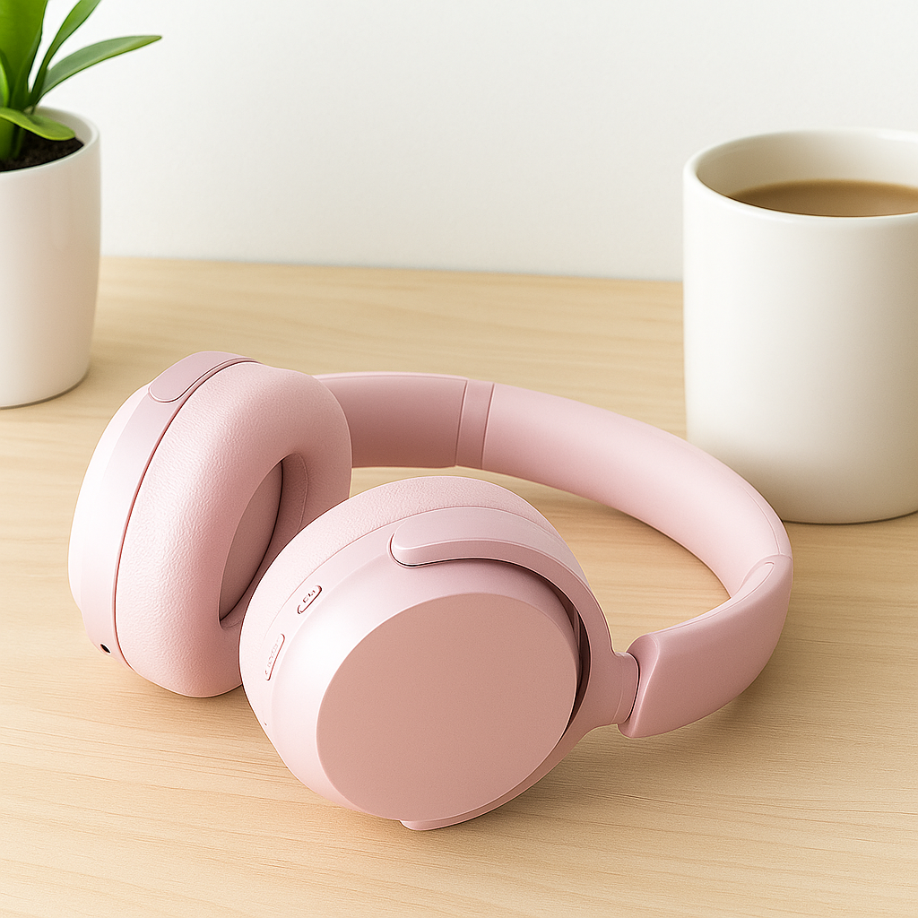 ADHD-Friendly Work Routine That Actually Boosts Focus Without Burning You Out 7 Soft pink over-ear noise-canceling headphones resting on a minimalist desk beside a white coffee mug, used for ADHD focus and sensory control.
