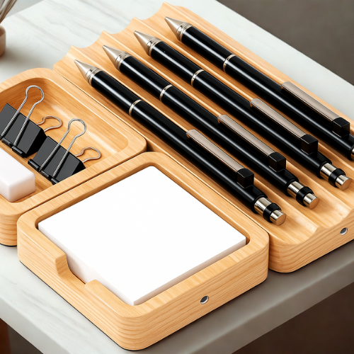 Best ADHD Desk Organizers to Transform Your Workspace 15 Solid wood modular desk organizer tray set with felt lining, neatly arranged with pens, clips, and sticky notes on a white background for an ADHD-friendly workspace.