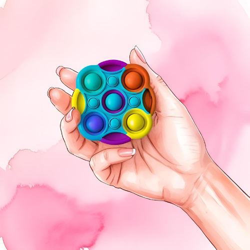 Watercolor illustration of a hand holding a pastel pop it fidget on a soft pink background