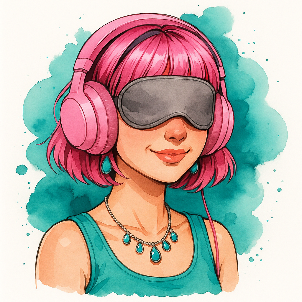 ADHD-Friendly Work Routine That Actually Boosts Focus Without Burning You Out 5 Watercolor illustration of a pink-haired woman resting with headphones and an eye mask, representing the ADHD productivity boost “nap hack”