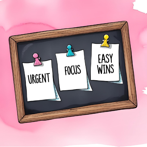 Watercolor illustration of an ADHD brain dump board with three paper notes labeled “urgent,” “focus,” and “easy wins” on a blackboard