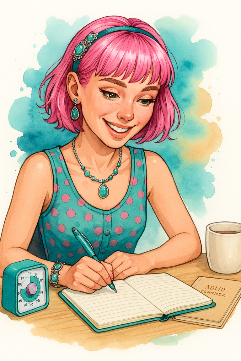 Watercolor-style illustration of a cheerful pink-haired woman doing her ADHD work routine with coffee, planner, and timer on a desk, surrounded by soft pastel colors.