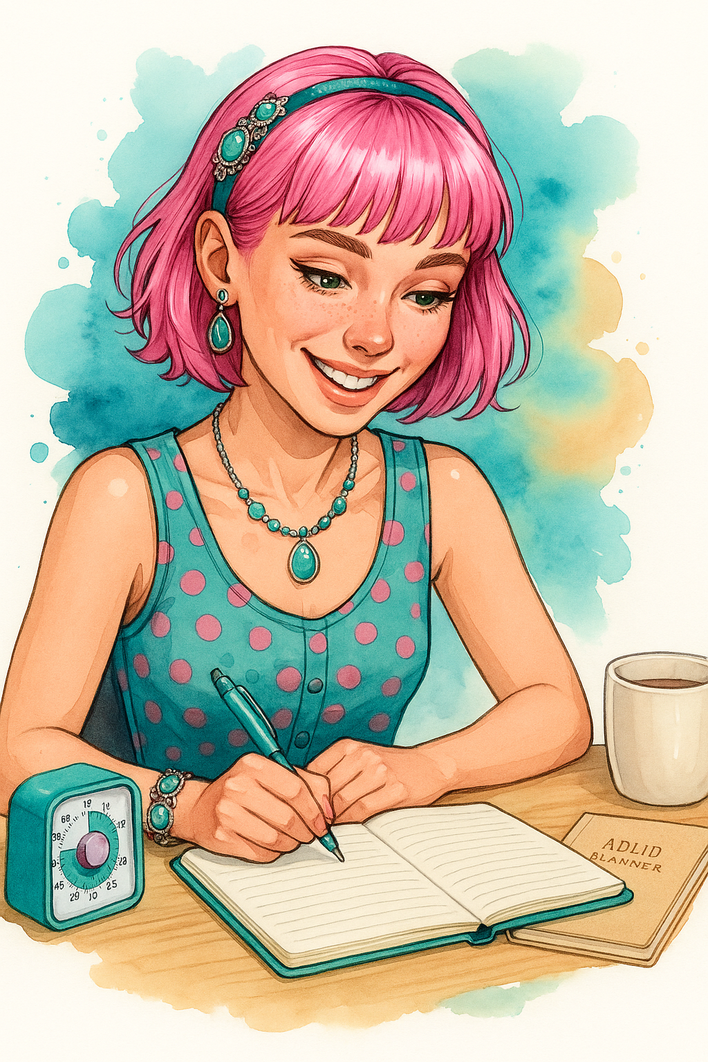 Watercolor-style illustration of a cheerful pink-haired woman doing her ADHD work routine with coffee, planner, and timer on a desk, surrounded by soft pastel colors.