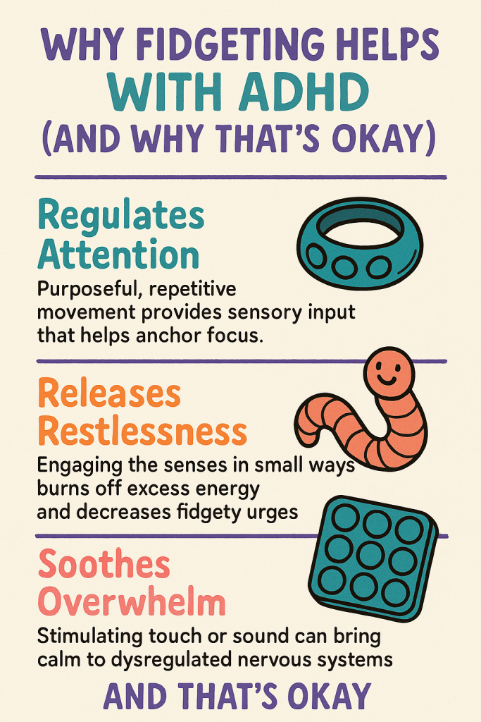 Best ADHD Focus Tools for Adults (That Aren’t Just Toys) 9 Infographic explaining why ADHD focus tools and fidgeting help regulate attention, release restlessness, and soothe overwhelm