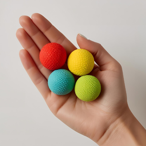 Woman holding bright colored, textured fidget balls.