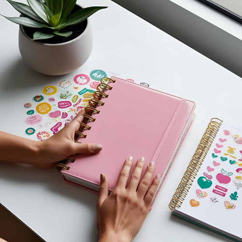 Woman holding pink planner with stickers on desk with plant