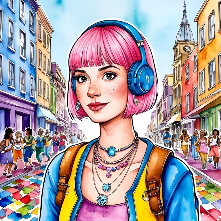 Woman with ADHD using noise-canceling headphones in a peaceful focus bubble