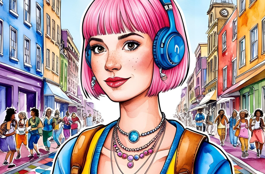 Woman with ADHD using noise-canceling headphones in a peaceful focus bubble