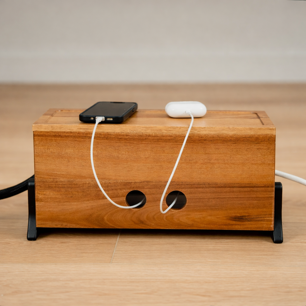 Rectangular wooden cable management box with charging cables and devices on top