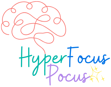 Colorful line drawing logo of “HyperFocus Pocus” with a whimsical brain and magical sparkles