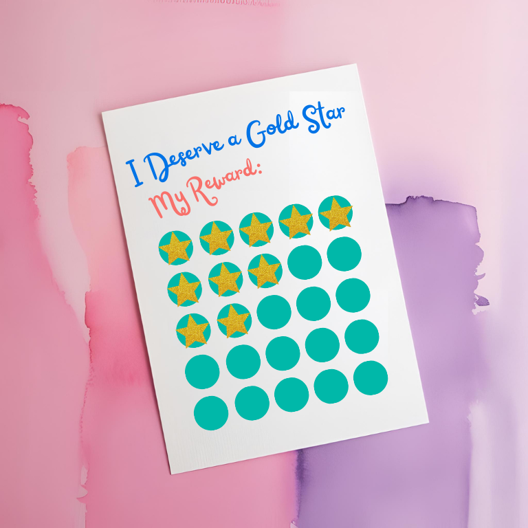 Home 7 Gold star reward chart with a pink and purple watercolor background, designed for ADHD motivation and self-celebration on the HyperFocus Pocus blog