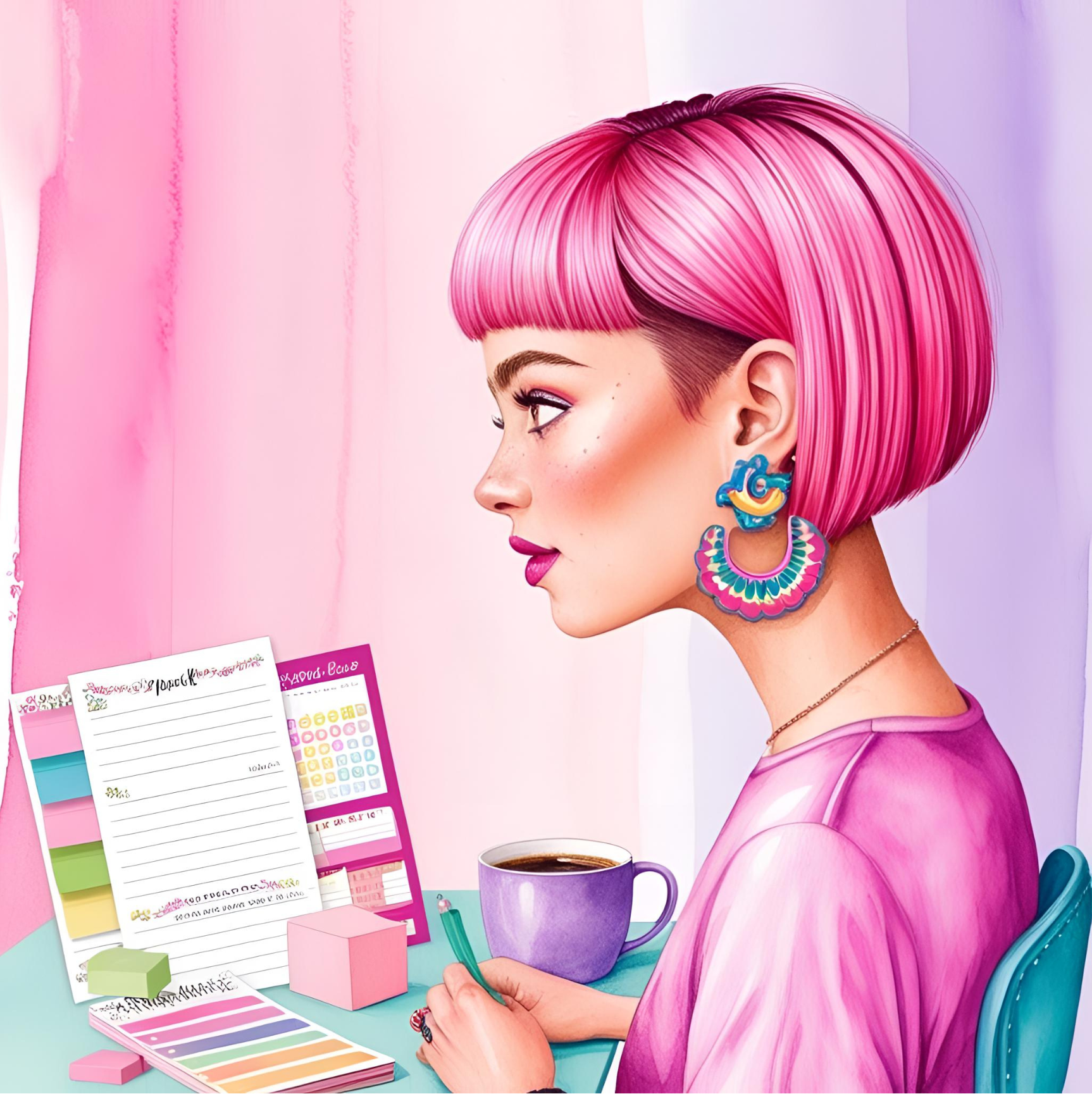 Home 4 Watercolor-style illustration of a quirky young woman with a short pink bob haircut and colorful earrings, sitting at a pastel desk with ADHD planner pages, sticky notes, and a purple coffee mug