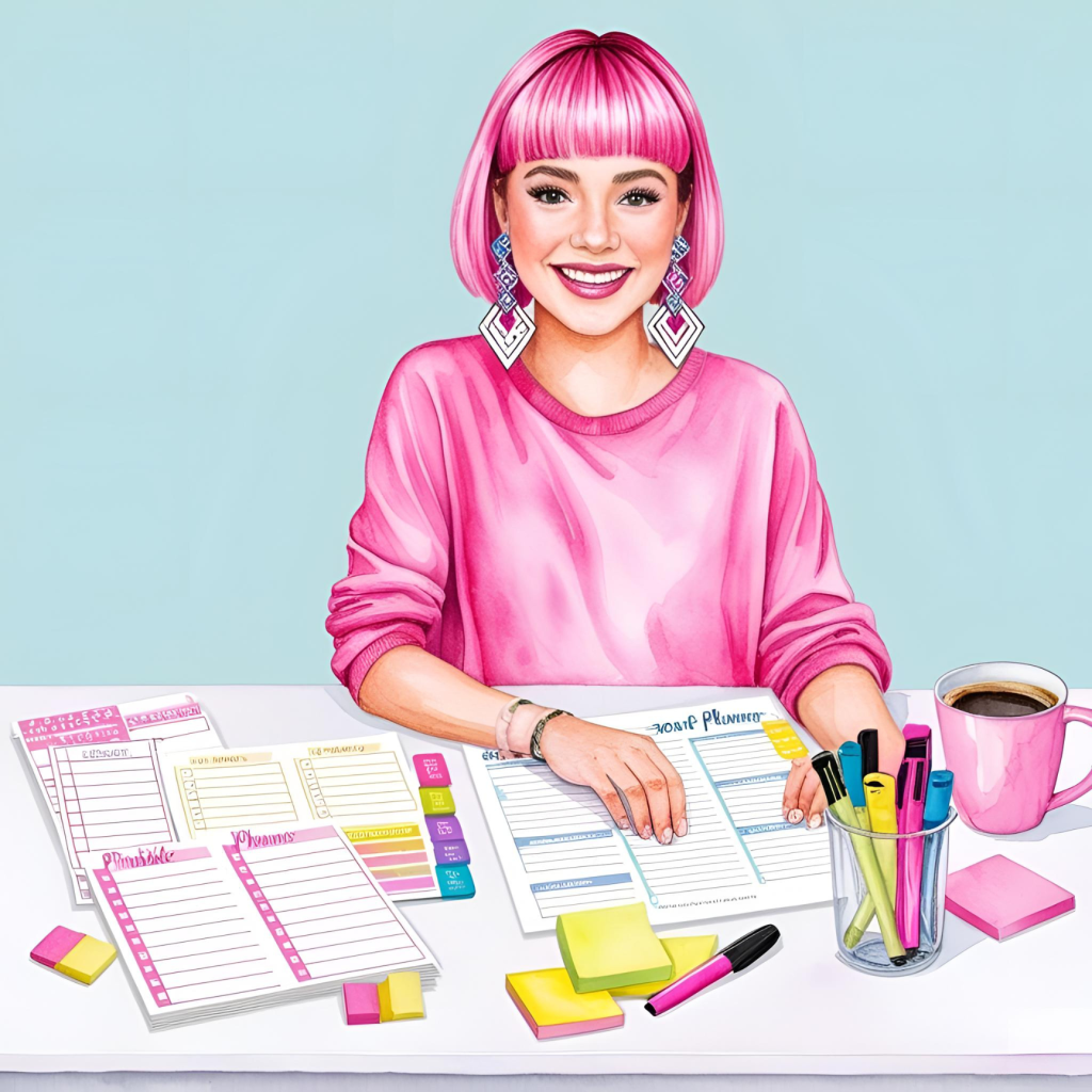 ADHD Productivity Hacks That Actually Work (Even When Your Brain’s on Airplane Mode) 6 Watercolor illustration of a young woman with short pink hair using printable planner pages at a colorful desk with sticky notes and highlighters, representing ADHD printables on HyperFocus Pocus.