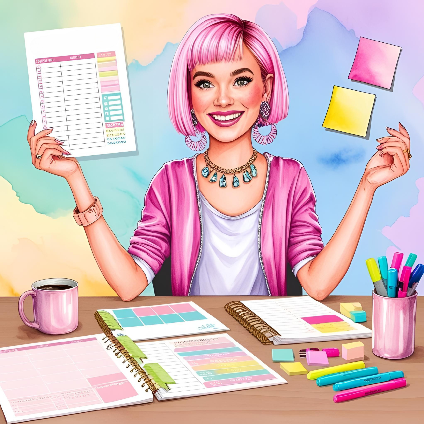 Top Noise-Canceling Headphones for ADHD Focus 4 Watercolor illustration of a young woman with short pink hair using printable planner pages at a colorful desk with sticky notes and highlighters, representing ADHD printables on HyperFocus Pocus.