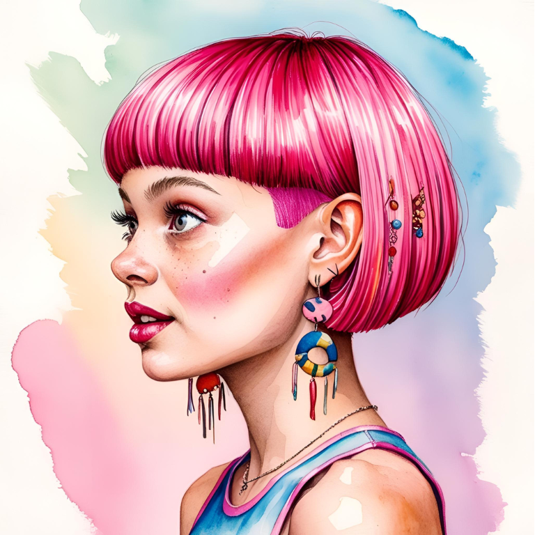 Home 9 Watercolor portrait of a young woman with short pink hair and bold jewelry, representing the creator of HyperFocus Pocus blog for ADHD support