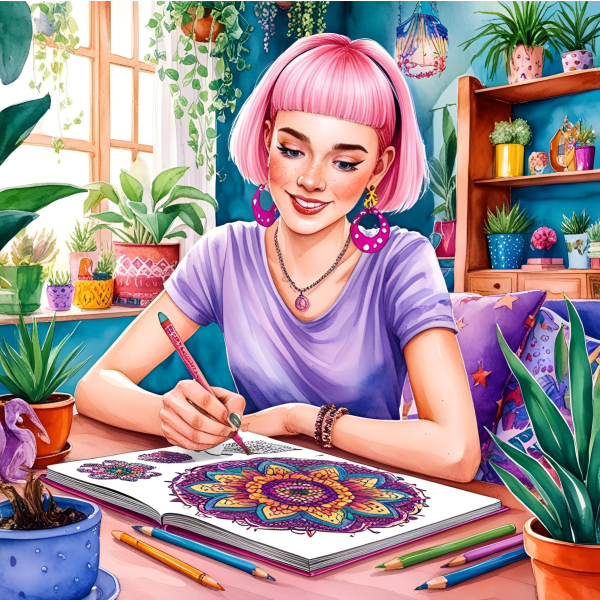 Watercolor-style illustration of a quirky young woman with a pink bob haircut and bright earrings coloring a printable mandala page at a desk surrounded by houseplants, representing ADHD-friendly creative tools
