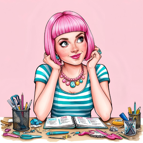 ADHD Time Hacks That Actually Work 2 A playful illustration of a pink-haired woman with ADHD sitting at a cluttered desk filled with colorful stationery and fidget tools, smiling as she works in a notebook labeled "ADHD Time Hacks."