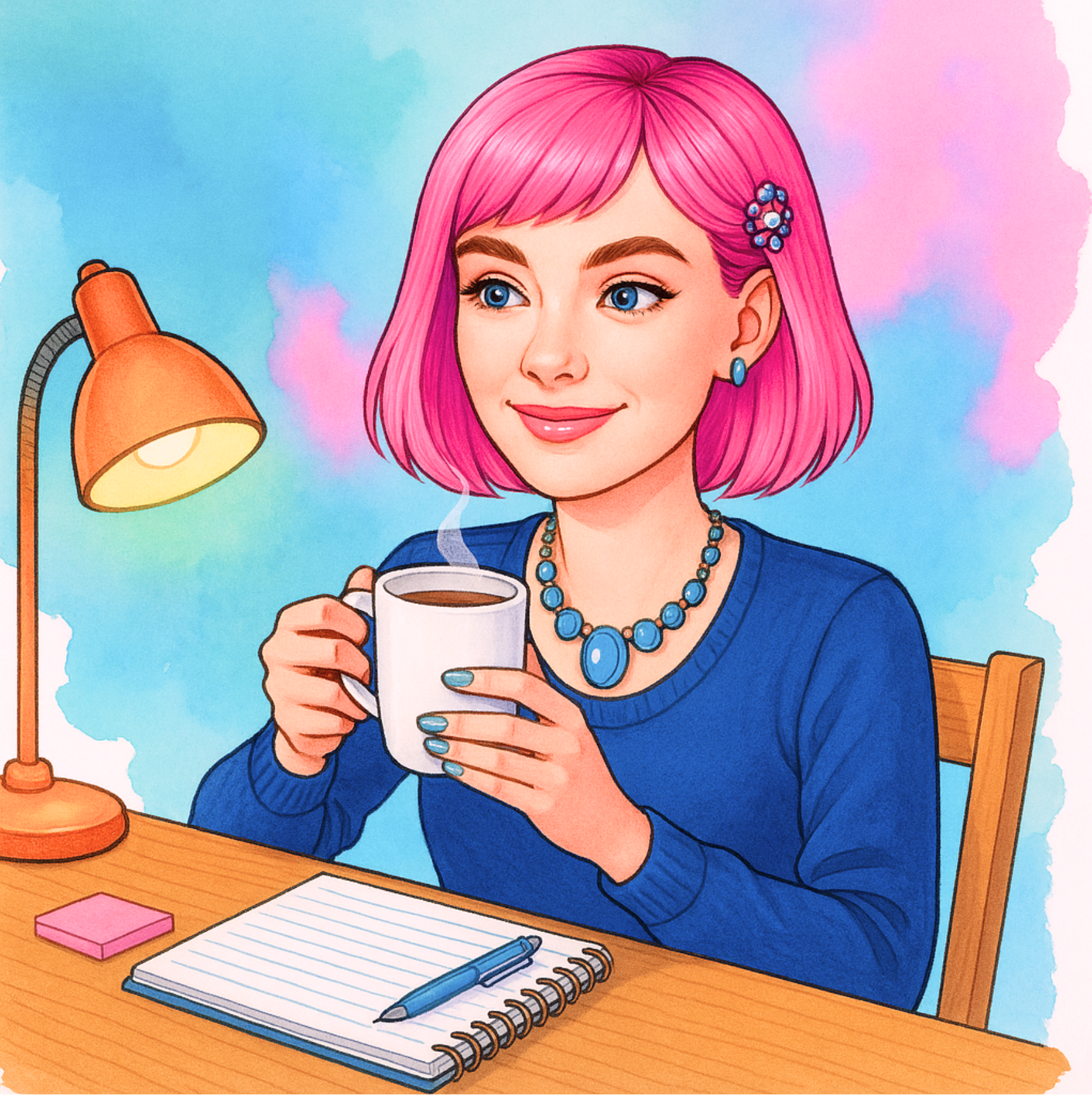 Illustration of a woman with pink hair sitting at a desk with a warm lamp and coffee, representing a gentle 5-minute start ritual for ADHD task initiation.