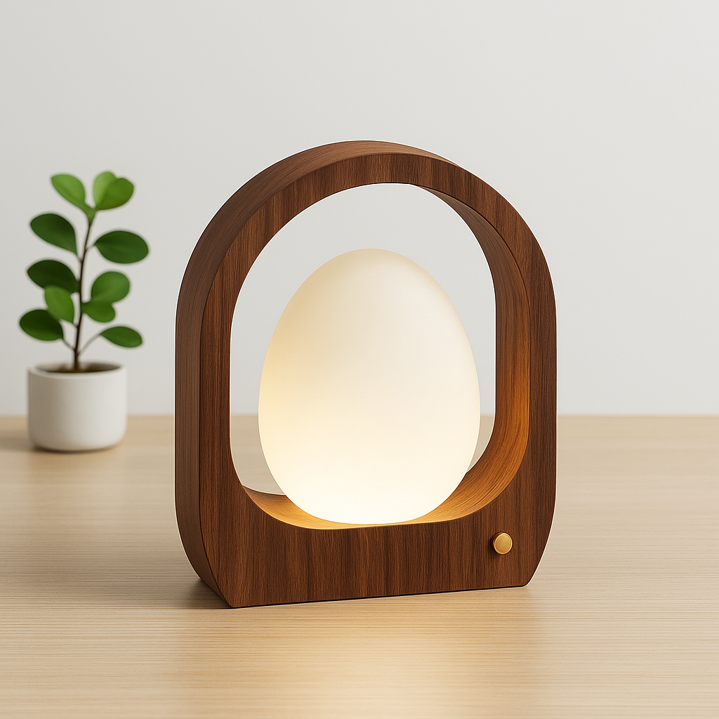 A wooden arch lamp with a glowing frosted center sitting on a light wood desk, with a small plant in a white pot in the background.
