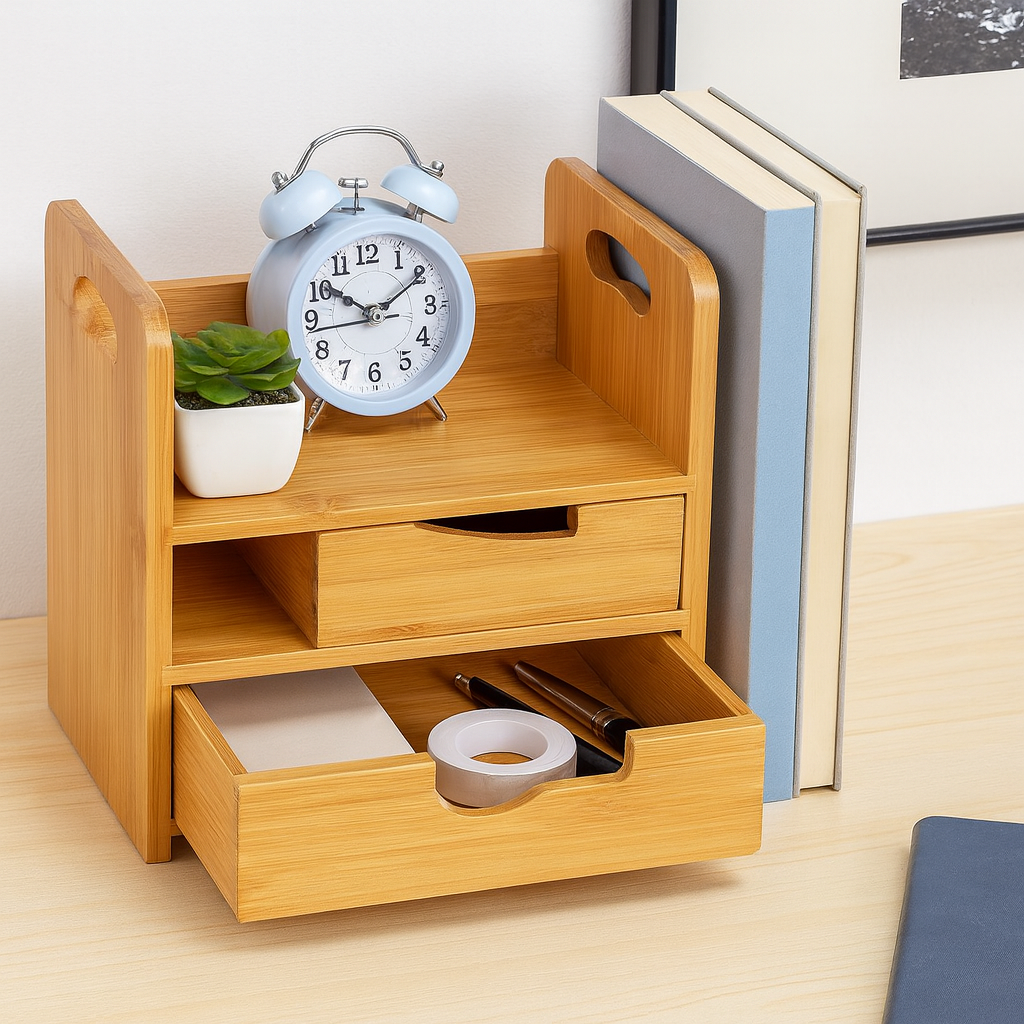 Minimalist bamboo desk organizer on a clean workspace showing an ADHD desk organization setup with essential items neatly arranged.